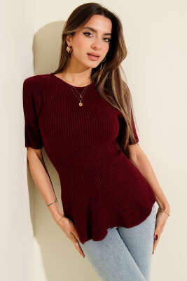 Eteği Volanlı Kısa Kol Triko Bluz Bordo - LUSTRİN