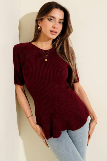 Eteği Volanlı Kısa Kol Triko Bluz Bordo - Kadın Giyim Modelleri