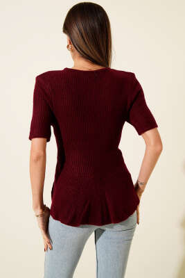 Eteği Volanlı Kısa Kol Triko Bluz Bordo - Kadın Giyim Modelleri