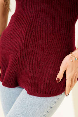 Eteği Volanlı Kısa Kol Triko Bluz Bordo - Kadın Giyim Modelleri