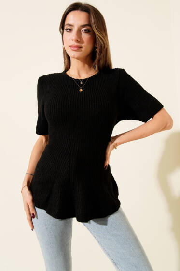 Eteği Volanlı Kısa Kol Triko Bluz Siyah - Kadın Giyim Modelleri