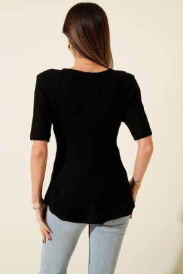 Eteği Volanlı Kısa Kol Triko Bluz Siyah - Kadın Giyim Modelleri