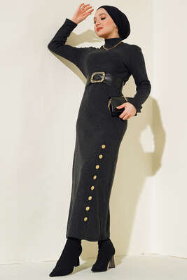 Etek Düğmeli Fitilli Elbise Antrasit 