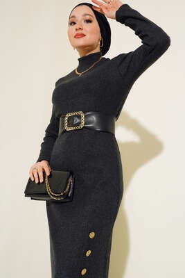 Etek Düğmeli Fitilli Elbise Antrasit - Yılın Fırsatı