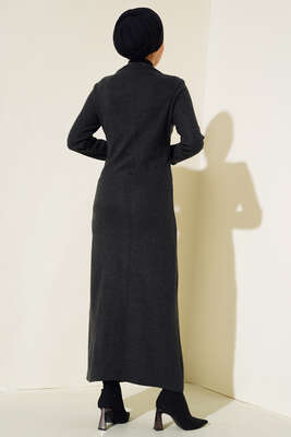 Etek Düğmeli Fitilli Elbise Antrasit - Yılın Fırsatı