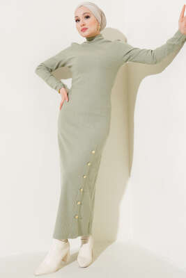 Etek Düğmeli Fitilli Elbise Çağla Yeşili 
