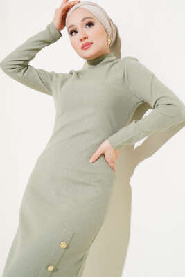 Etek Düğmeli Fitilli Elbise Çağla Yeşili - Tesettür Elbise