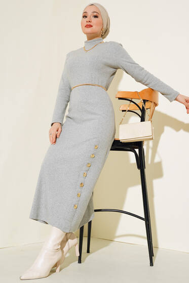 Etek Düğmeli Fitilli Elbise Gri - Tesettür Elbise