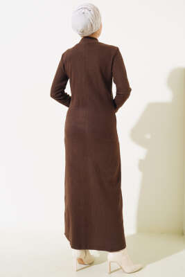 Etek Düğmeli Fitilli Elbise Kahve - Tesettür Elbise