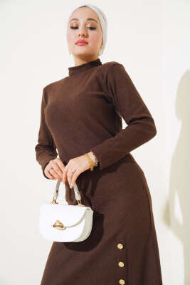 Etek Düğmeli Fitilli Elbise Kahve - Tesettür Elbise