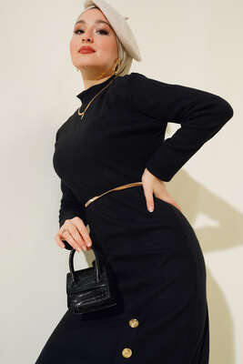 Etek Düğmeli Fitilli Elbise Siyah - Yılın Fırsatı