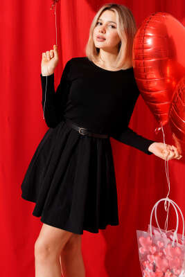 Etek Garnili Kemerli Mini Elbise Siyah - QUZU