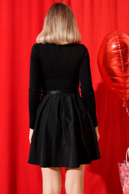 Etek Garnili Kemerli Mini Elbise Siyah - Kadın Giyim Modelleri