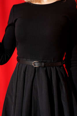 Etek Garnili Kemerli Mini Elbise Siyah - Kadın Giyim Modelleri