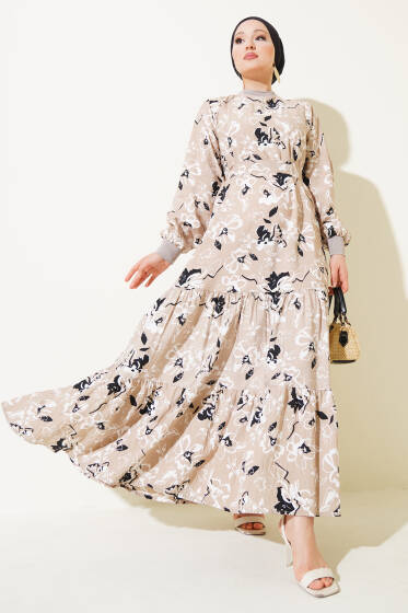 Etek Pileli Çiçek Desenli Elbise Bej - Tesettür Elbise
