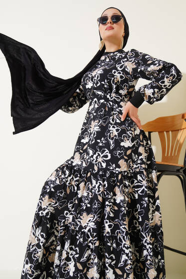 Etek Pileli Çiçek Desenli Elbise Siyah - Tesettür Elbise