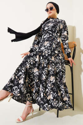 Etek Pileli Çiçek Desenli Elbise Siyah - Tesettür Elbise