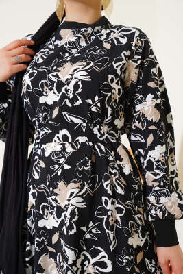Etek Pileli Çiçek Desenli Elbise Siyah - Tesettür Elbise