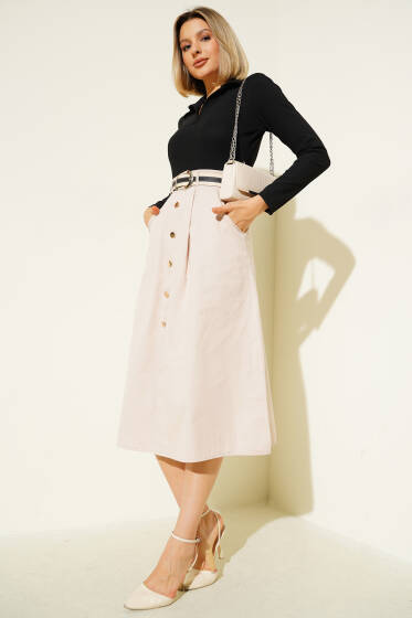 Etek Pileli Kemerli Elbise Siyah - Kadın Giyim Modelleri