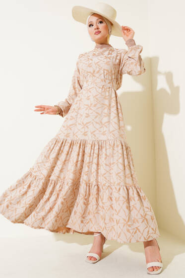 Etek Pileli Kol Pileli Desen Elbise Bej - Elbise