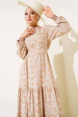 Etek Pileli Kol Pileli Desen Elbise Bej - Tesettür Elbise