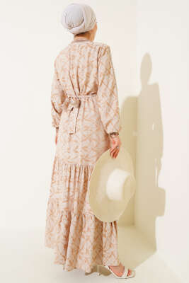 Etek Pileli Kol Pileli Desen Elbise Bej - Tesettür Elbise