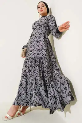 Etek Pileli Kol Pileli Desen Elbise Siyah