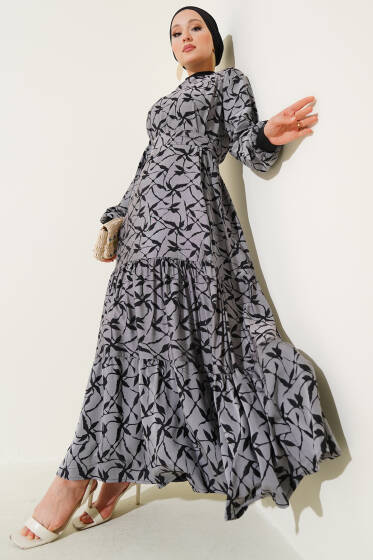Etek Pileli Kol Pileli Desen Elbise Siyah - Tesettür Elbise