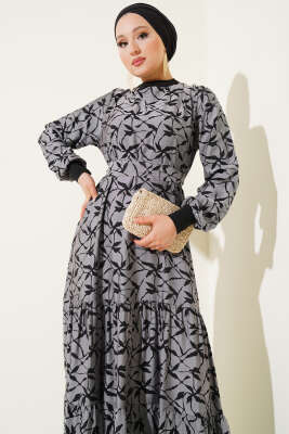 Etek Pileli Kol Pileli Desen Elbise Siyah - Tesettür Elbise