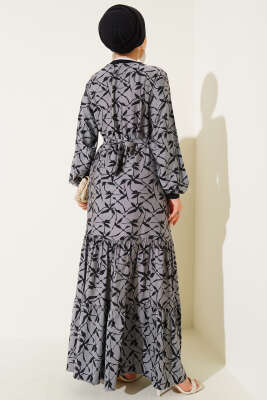 Etek Pileli Kol Pileli Desen Elbise Siyah - Tesettür Elbise