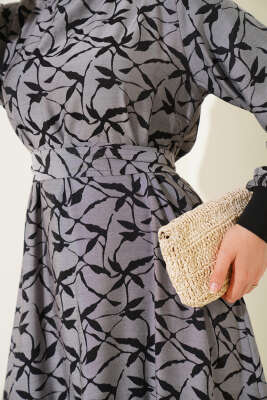 Etek Pileli Kol Pileli Desen Elbise Siyah - Tesettür Elbise