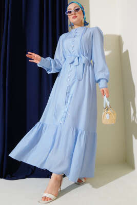 Etek Pileli Kuşaklı Elbise Bebe Mavi