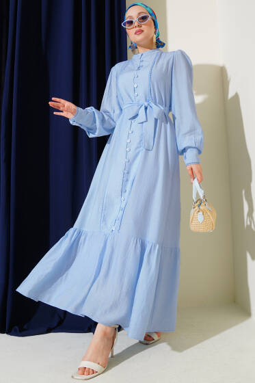 Etek Pileli Kuşaklı Elbise Bebe Mavi - Tesettür Elbise