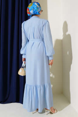 Etek Pileli Kuşaklı Elbise Bebe Mavi - Tesettür Elbise