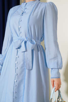 Etek Pileli Kuşaklı Elbise Bebe Mavi - Tesettür Elbise