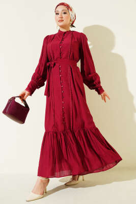 Etek Pileli Kuşaklı Elbise Bordo - BERAT TEKSTİL