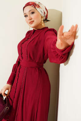 Etek Pileli Kuşaklı Elbise Bordo - Elbise