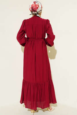 Etek Pileli Kuşaklı Elbise Bordo - Elbise