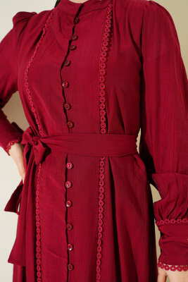 Etek Pileli Kuşaklı Elbise Bordo - Elbise