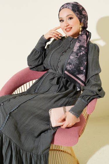 Etek Pileli Kuşaklı Elbise Füme - Elbise