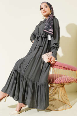 Etek Pileli Kuşaklı Elbise Füme - Elbise