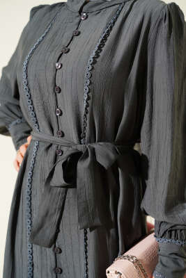 Etek Pileli Kuşaklı Elbise Füme - Elbise