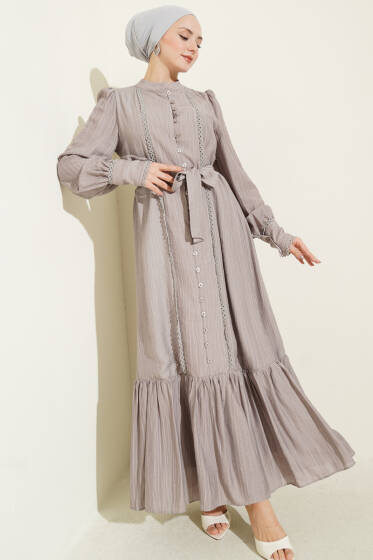 Etek Pileli Kuşaklı Elbise Gri - Elbise