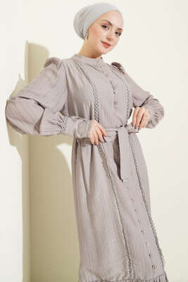 Etek Pileli Kuşaklı Elbise Gri - Elbise