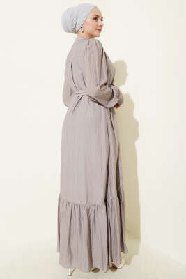 Etek Pileli Kuşaklı Elbise Gri - Elbise