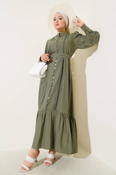 Etek Pileli Kuşaklı Elbise Haki - Elbise