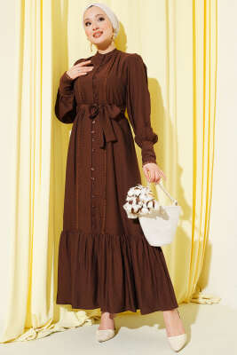 Etek Pileli Kuşaklı Elbise Kahve - BERAT TEKSTİL