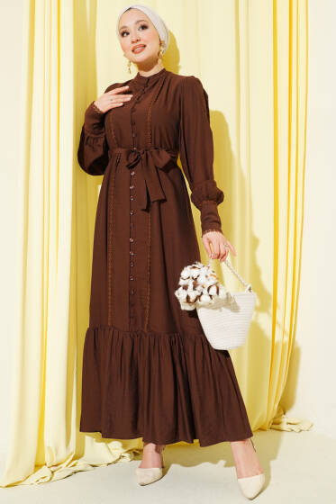 Etek Pileli Kuşaklı Elbise Kahve - Elbise