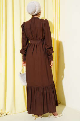 Etek Pileli Kuşaklı Elbise Kahve - Elbise