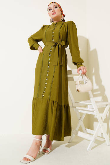 Etek Pileli Kuşaklı Elbise Kına Yeşili - Elbise